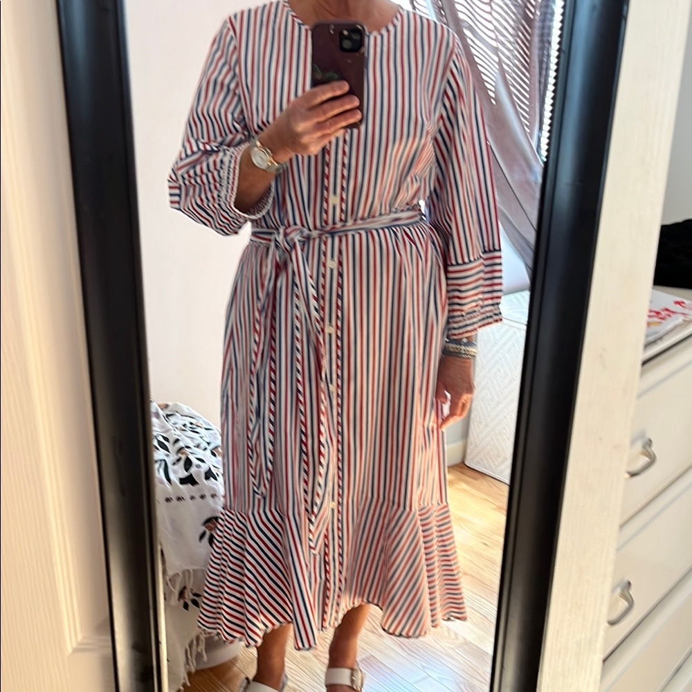 Jcrew striped tie- waist dress, with flounce hem, red/white/blue, size 16, nwt